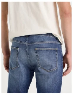 Grab Long Slim Tapered Crosshatch Jeans in Mid Blues