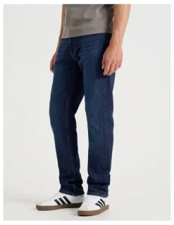 Grab Long Straight At Waist Performance Jeans in Mid Blues