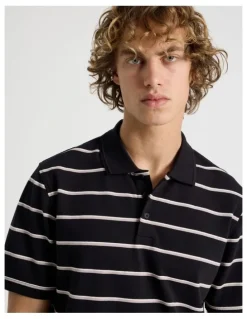Grab Regular Fit Stripe Short Sleeve Polo in Black