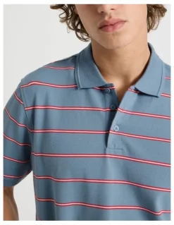 Grab Regular Fit Stripe Short Sleeve Polo in Blue