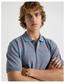 Grab Regular Fit Stripe Short Sleeve Polo in Blue