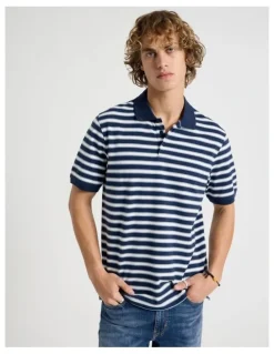 Grab Regular Fit Stripe Short Sleeve Polo in Navy