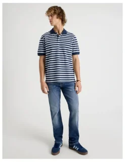 Grab Regular Fit Stripe Short Sleeve Polo in Navy