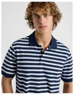 Grab Regular Fit Stripe Short Sleeve Polo in Navy