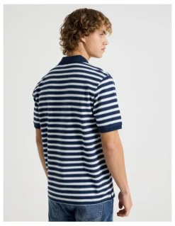 Grab Regular Fit Stripe Short Sleeve Polo in Navy