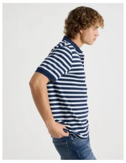 Grab Regular Fit Stripe Short Sleeve Polo in Navy