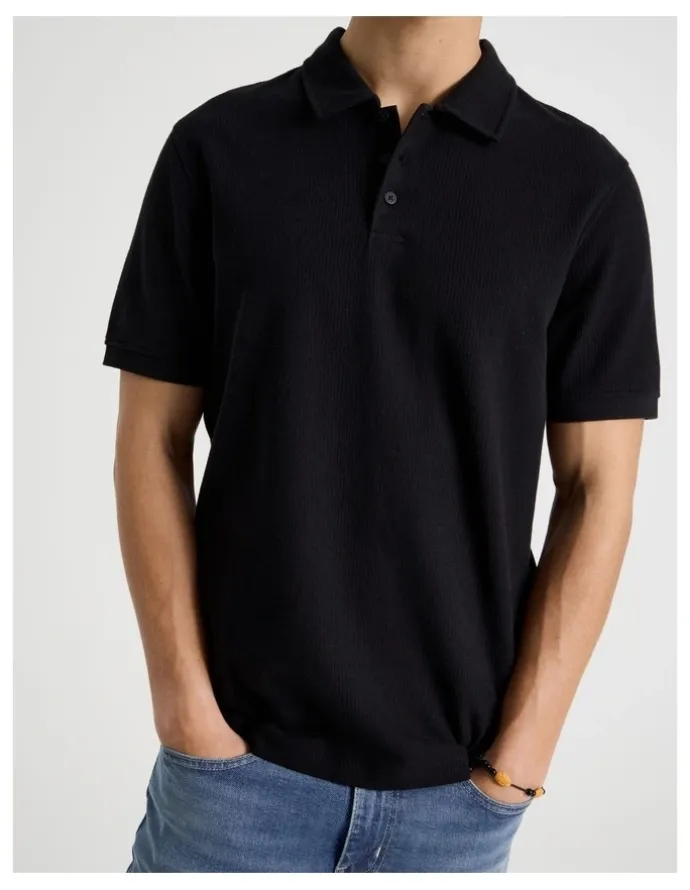 Grab Short Sleeve Textured Polo in Black