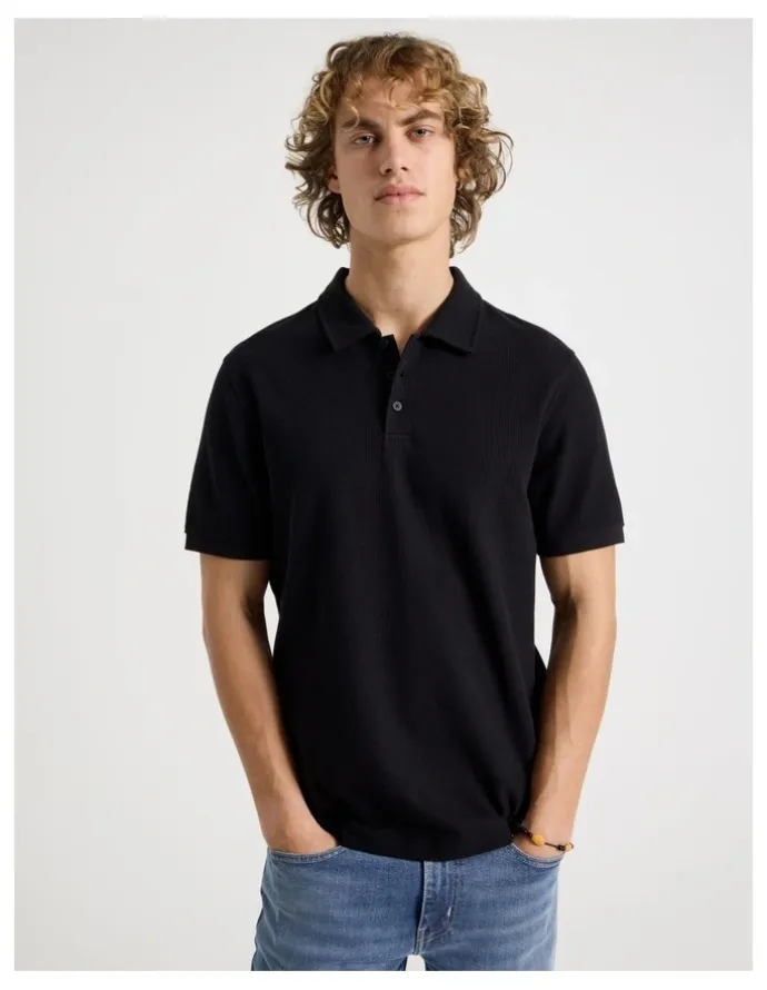 Grab Short Sleeve Textured Polo in Black