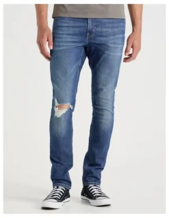 Grab Slim Crosshatch Jeans in Mid Blues