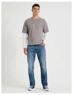 Grab Straight At Waist Green Cast Jeans in Indigo