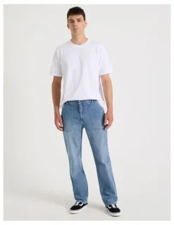 Grab Workwear Regular Straight Jeans in Mid Blues