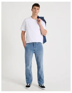 Grab Workwear Regular Straight Jeans in Mid Blues