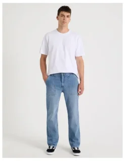 Grab Workwear Regular Straight Jeans in Mid Blues