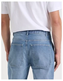 Grab Workwear Regular Straight Jeans in Mid Blues