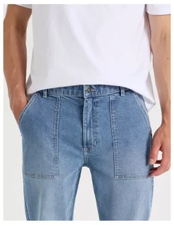 Grab Workwear Regular Straight Jeans in Mid Blues