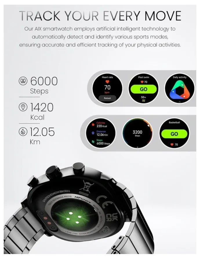 HiFuture AIX Amoled Stainless Steel Smart Watch in Titanium Silver