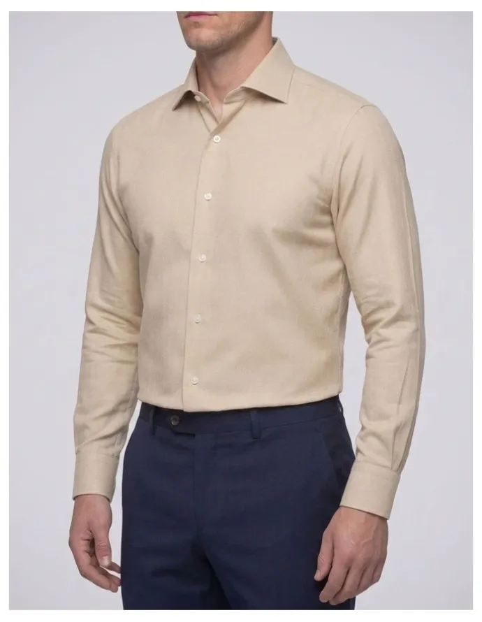 Institchu Harrison Beige Herringbone Cotton Shirt in Cream