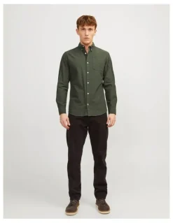 Jack & Jones Oxford Long Sleeve Shirt in Forest Night