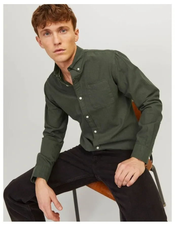 Jack & Jones Oxford Long Sleeve Shirt in Forest Night