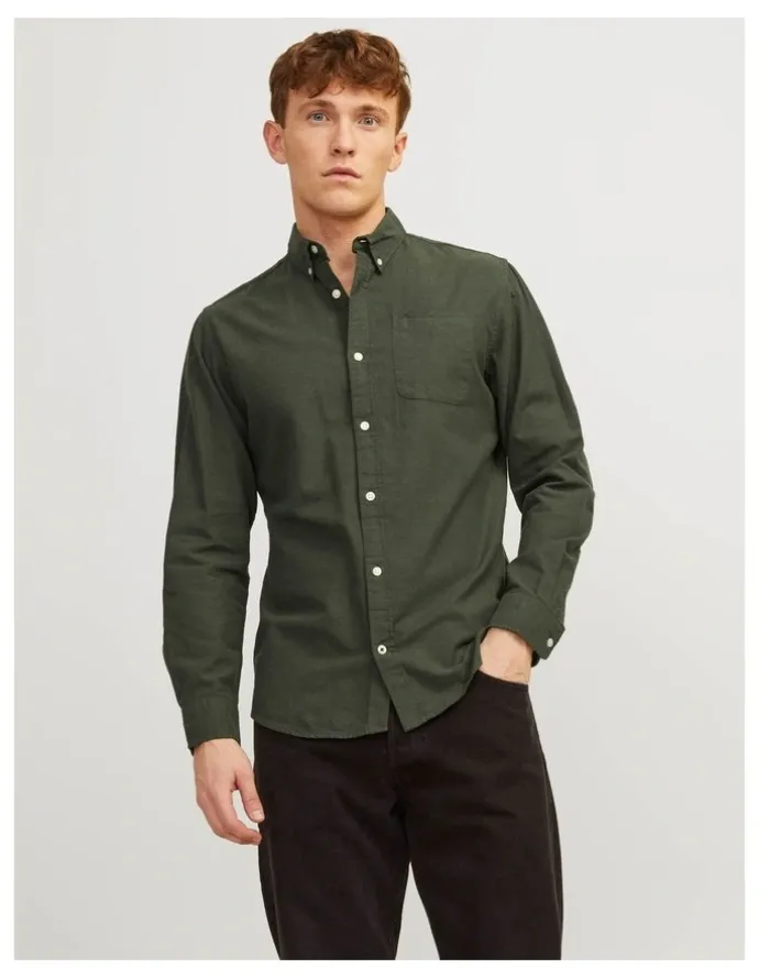 Jack & Jones Oxford Long Sleeve Shirt in Forest Night
