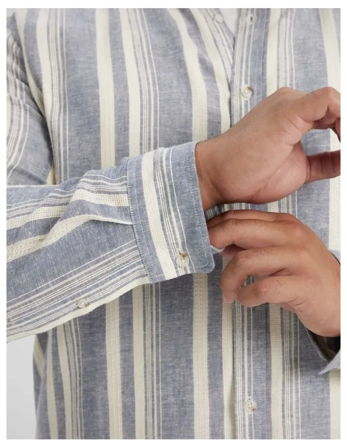 Johnny Bigg Ashton Stripe Linen Shirt in Denim Blue