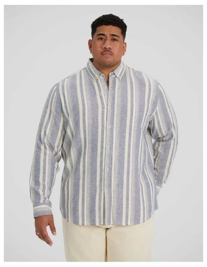Johnny Bigg Ashton Stripe Linen Shirt in Denim Blue