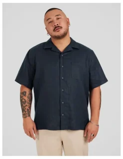 Johnny Bigg Luxe Linen Boxy Fit Shirt in Navy