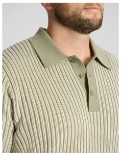 Johnny Bigg Travis Stripe Knit Polo in Sage