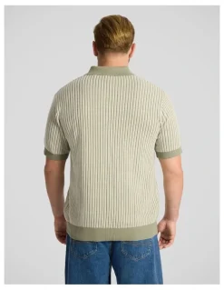 Johnny Bigg Travis Stripe Knit Polo in Sage