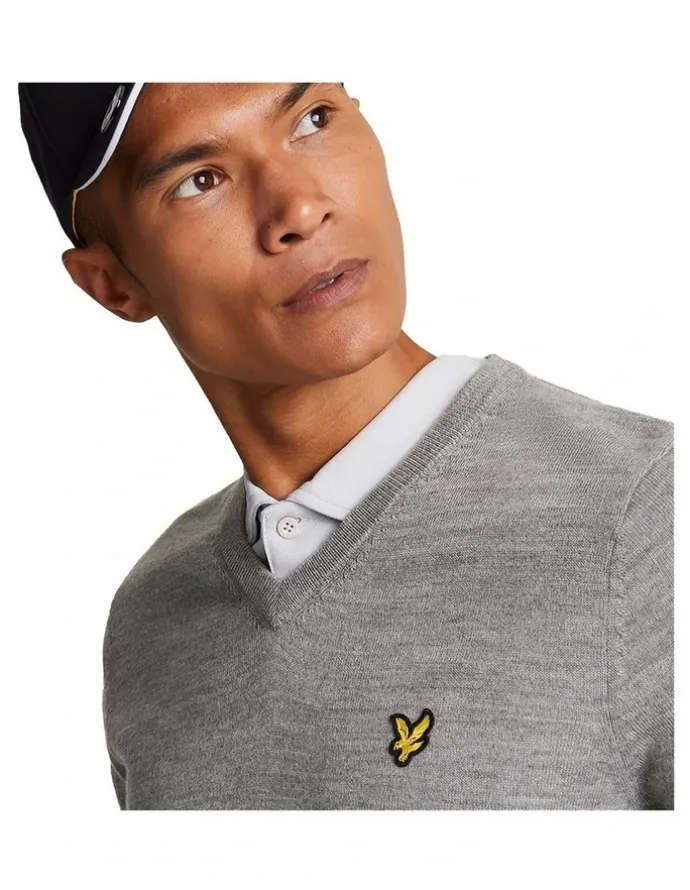 Lyle & Scott Merino Blend V-Neck Knit in Mid Grey Marl