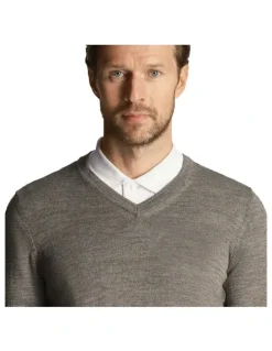 Lyle & Scott Tonal Eagle Merino Blend V Neck Knit in Mid Grey Marl