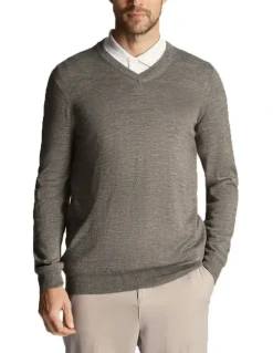 Lyle & Scott Tonal Eagle Merino Blend V Neck Knit in Mid Grey Marl