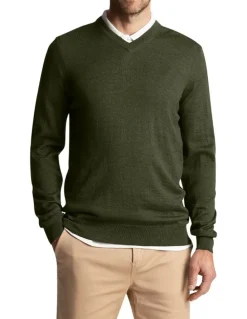 Lyle & Scott Tonal Eagle Merino Blend V Neck Knit in Cactus Green