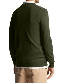 Lyle & Scott Tonal Eagle Merino Blend V Neck Knit in Cactus Green