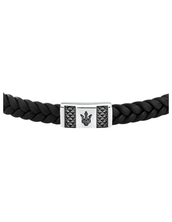 Maserati Gun Metal Leather Bracelet in Black