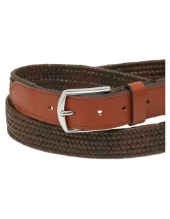 Oxford Douglas Leather Stretch Woven Belt in Brown