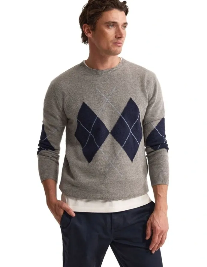 Oxford Anton Wool Argyle Crew Neck in Grey