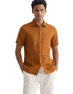 Oxford Leyton French Linen Short Sleeve Shirt in Rust