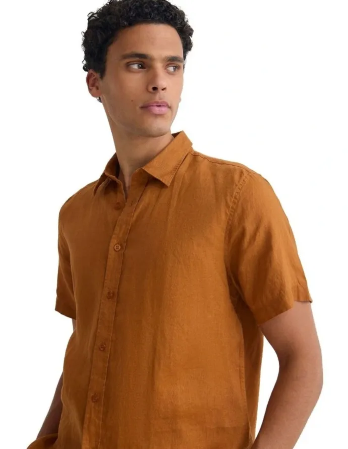 Oxford Leyton French Linen Short Sleeve Shirt in Rust