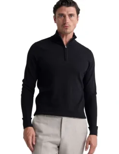 Oxford Merino Zip-Neck Wool Pullover in Black