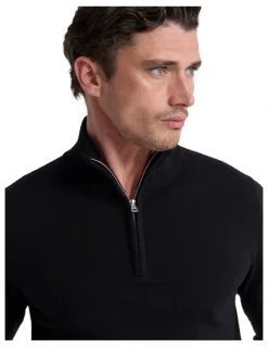 Oxford Merino Zip-Neck Wool Pullover in Black