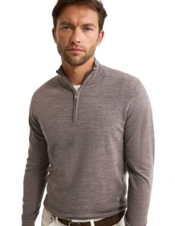 Oxford Merino Zip-Neck Wool Pullover in Bark