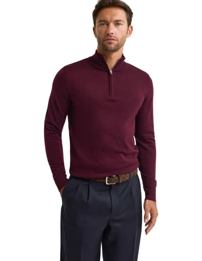 Oxford Merino Zip-Neck Wool Pullover Jumper in Claret