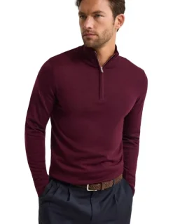 Oxford Merino Zip-Neck Wool Pullover Jumper in Claret