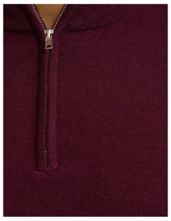 Oxford Merino Zip-Neck Wool Pullover Jumper in Claret