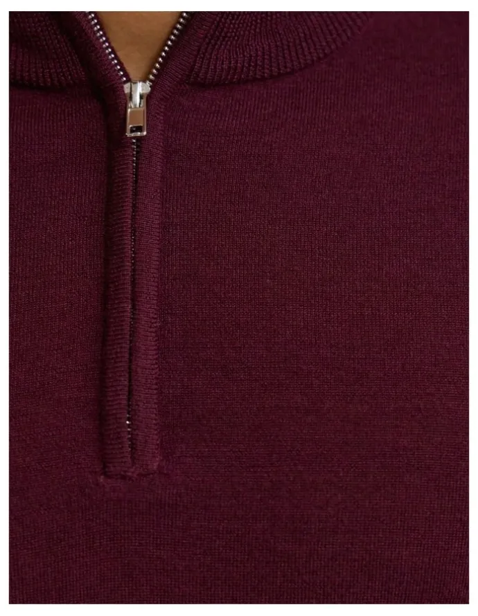 Oxford Merino Zip-Neck Wool Pullover Jumper in Claret