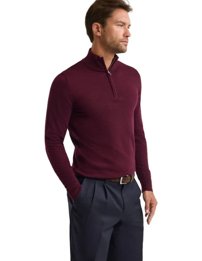 Oxford Merino Zip-Neck Wool Pullover Jumper in Claret