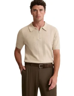 Oxford Remy Zip Neck Polo T-shirt in Pebble