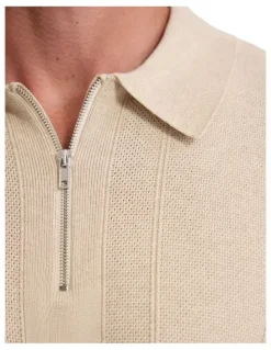 Oxford Remy Zip Neck Polo T-shirt in Pebble