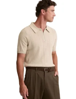 Oxford Remy Zip Neck Polo T-shirt in Pebble